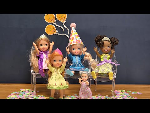 Happy Birthday ! Elsa & Anna toddlers - snowflakes - cake - gifts - dominoes - Barbie dolls