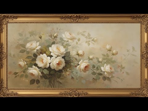 A white rose garden in a vintage oil painting style, designed for elegant Frame TV art display.