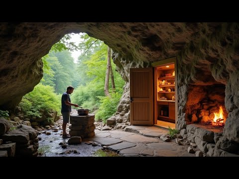 I Turned An Underground Stone Cave Into A Warm Survival Shelter With A Fireplace, Catch And Cook