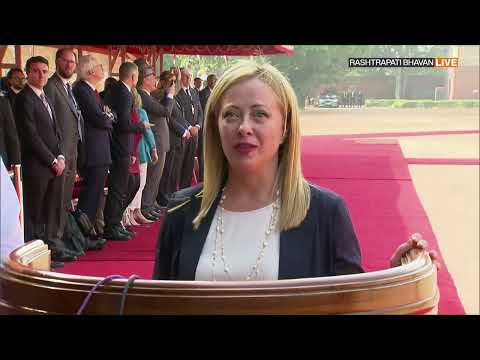 Italian PM Giorgia Meloni receives ceremonial welcome at Rashtrapati Bhawan.