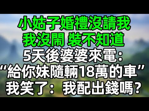 小姑子婚禮沒請我，我沒閙 裝不知道！5天後婆婆來電：“給你小姑子隨輛18萬的車”我笑了：我配出錢嗎？#夜讀人生 #情感故事  #大橘讲故事 #講故事  #幸福生活 #深夜淺讀 #深夜故事