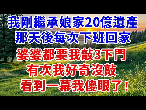 我剛繼承娘家20億遺產，那天後每次下班回家，婆婆都要我敲3下門。有次我好奇沒敲，看到一幕我傻眼了!#詩涵講故事#為人處世#生活經驗#情感故事#晚年哲理#說故事#完結文#原創故事