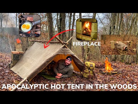 Solo Overnight Building a Post-Apocalyptic Hot Tent with a Fireplace and Bacon Ribeye Potato Skillet