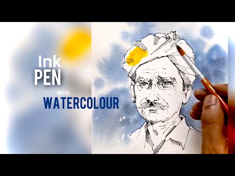 Line and wash portrait. Ink pen with watercolour. Demo by Prakashanputhur