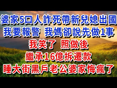 婆家5口人詐死帶新兒媳出國，我要報警 我媽卻說先做1事，我笑了 照做後繼承16億拆遷款，睡大街的黑戶老公和婆家悔瘋了！#書婷講故事 #為人處世#生活經驗#情感故事#晚年哲理#說故事#完結文