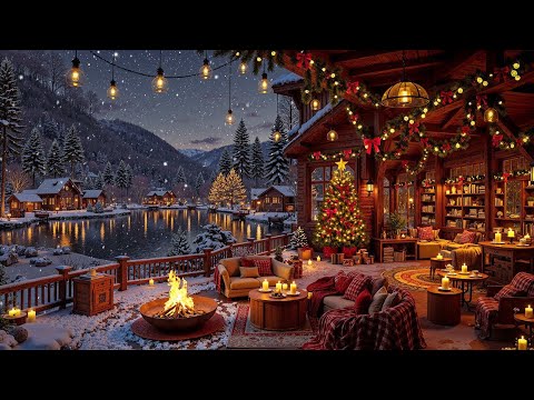 Fireplace Christmas Jazz Music ❄️ Cozy Winter Porch Ambience with Crackling Sounds & Gentle Snowfall