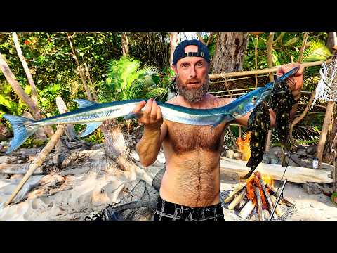 9-DAYS Desert Island Survival Camping - Strange Razor Fish, Hunt, Primitive Trap, Forage Food