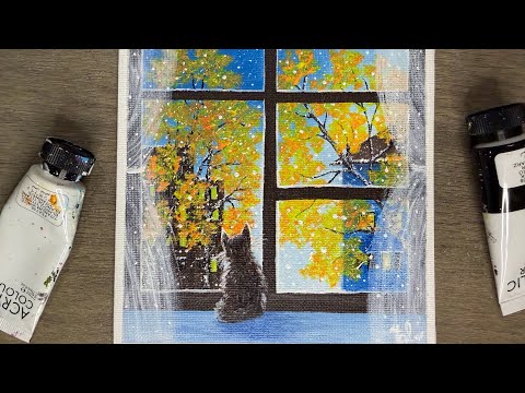 My Kitty in the Window of the Snowy Day / Acrylic Painting for Beginners