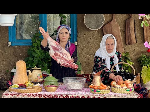 Rice Stuffed with Lamb Meat and Dried Fruits Cooked in Village