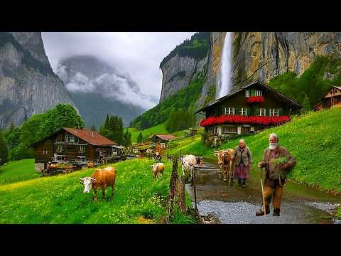 Heaven Rainy Morning in Grindelwald Switzerland | Milking Cows, Green Pastures Villages