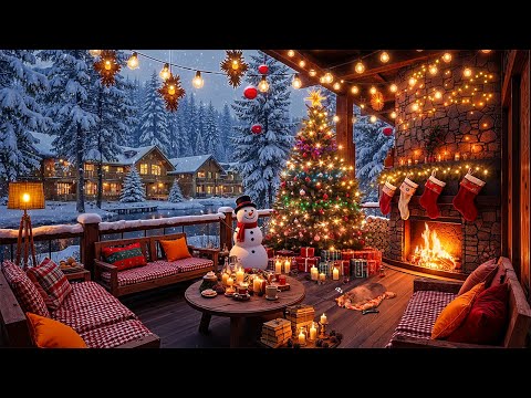 Cozy Christmas Balcony Ambience 🎄 Sweet Christmas Jazz Music & Crackling Fire Sounds for Relax, Work