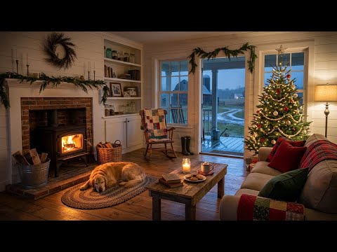 Cozy Farmhouse Christmas Ambience 🎁🔥 Rainy Night, Crackling Fireplace & Soft Holiday Comfort