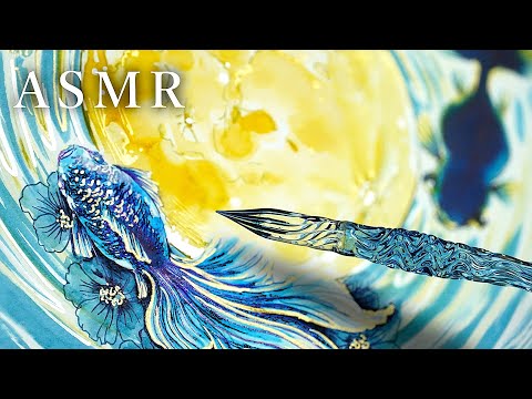 【ASMR】満月と青い金魚をガラスペンで描く音🌝 SOUND of Drawing with glass pen & ink✨