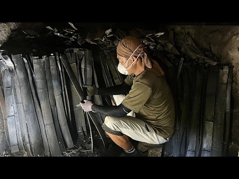 Process of making bamboo charcoal. Japanese artisans making edible bamboo charcoal.