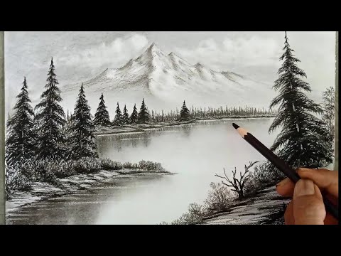 Pencil drawing landscape scenery/ Snow mountain landscape drawing with pencil/