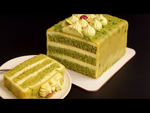 Moist Pistachio Cream Cake | Elegant Pistachio Dessert with White Chocolate Glaze!