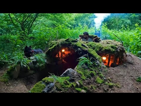 7 DAYS Solo Survival; Building a Bushcraft Hidden Shelter. Warm and Cozy Dugout. ASMR Camping