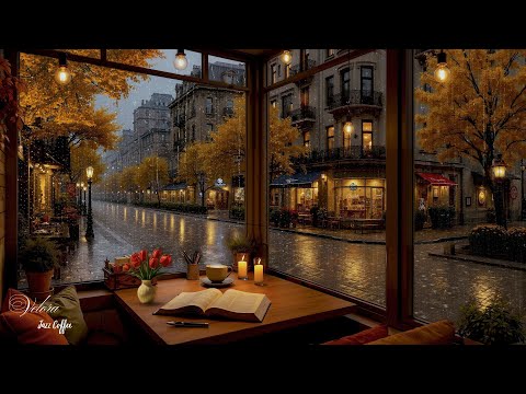 Embrace the Rain with Autumn Jazz Music 🍂 Cozy Candlelit Café & Calm Street Evening Ambience