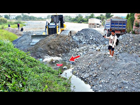 Amazing SHANTUI Bulldozer Pushing into Deep Water With 5Ton Dump Trucks Pouring Stone