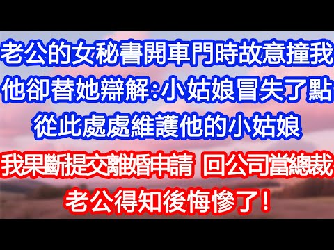 【情感故事】老公的女秘書開車門時故意撞我。老公卻只顧替她辯解：「小姑娘冒失了點」從此處處維護他的小姑娘。我果斷提交離婚申請，回公司當總裁！老公得知後悔慘了！#故事 #人生哲理 #婚姻 #出軌 #爽文