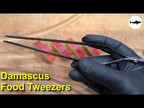 Forging damascus food tweezers for a chef