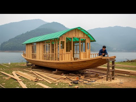 Full 200 Days: Man Builds Mobile Home on a Wooden Boat All by Himself - Survival Cooking on Boat