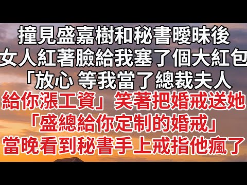 【完結】撞見盛嘉樹和秘書曖昧後，女人紅著臉給我塞了個大紅包，「放心 等我當了總裁夫人，給你漲工資」笑著把婚戒送她，「盛總給你定制的婚戒」當晚看到秘書手上戒指他瘋了#豪门 #情感 #婚姻