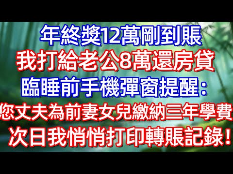 年終獎12萬剛到賬 我打給老公8萬 還房貸臨 睡前手機彈窗提醒：您丈夫為前妻女兒繳納三年學費 次日我悄悄打印轉賬記錄!!#情感故事 #生活經驗  #為人處世  #老年生活#故事