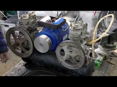 Воздушный компрессор ЗИЛ 130 в гараже.  Сборка и пробный запуск.