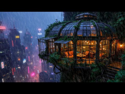Lofi Rain – Biophilic Conservatory Lo-fi in the Cyberpunk City | For Study, Sleep, or Relaxation |4K