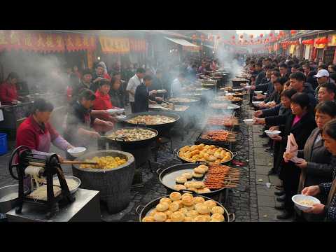 中國陝西農村趕大集，到處充滿煙火氣，七十歲老奶奶賣豆腐腦，幾十人圍著吃，蔥花餅真便宜三斤多重十二元，鐵鍋大燴菜紅豆飯十元吃飽不限量，洋芋糍粑，蕎麥餄烙面，脆皮炸糕，各種街頭美食豐富多樣，充滿生活氣息
