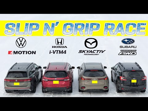 AWD Battle! Pilot i-VMT4 vs Ascent Symmetrical AWD vs CX-70 Skyactiv vs Atlas 4Motion. Slip N' Grip