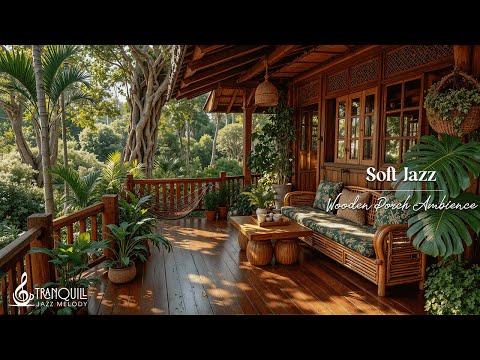 Soft Jazz Morning on a Wooden Porch | Cozy Forest Cafe Ambience for Calm and Focus on Work & Study