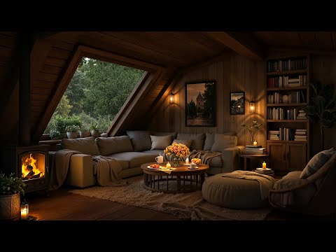 Fall Asleep in Cozy Cabin Ambience | Smooth Jazz, Crackling Fireplace and Rain Sounds on the Window