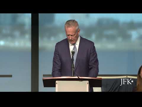Community builder Thomas N. O'Brien addresses new citizens at the JFK Library.