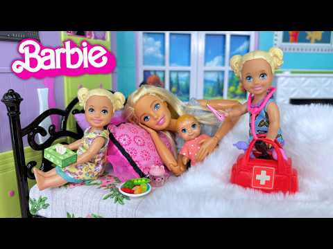 Barbie Doll Family Sick Mom and Baby Sister Get Well Routine 