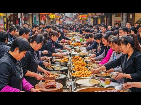 中國陝西西安網紅大集市，美女老闆娘賣籠籠肉夾饃十元一個排隊買，網紅大爺做甑糕五元一盒，油茶麻花傳統老味道，豬肘子肉夾饃肥而不膩，菜盒、雞蛋灌油條，炒涼粉本地人愛吃的美食這裏都能找到