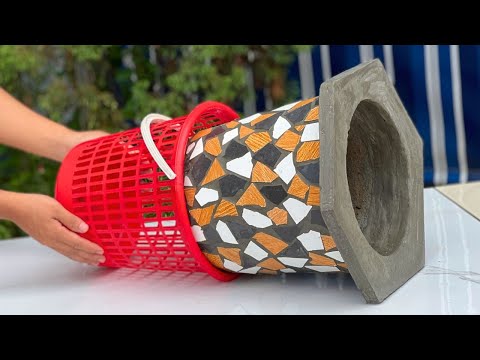 Smart Idea - Creating Cement Plant Pot From CERAMIC TILE And Plastic Basket