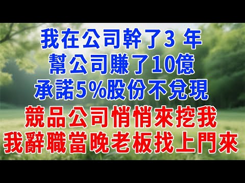 我在公司幹了3 年，幫公司賺了 10 億，承諾5%股份不兌現。競品公司悄悄來挖我，我下定決心辭職，當晚老板找上門來。#人生感悟 #故事分享 #故事頻道 #感情 #职场 #打脸