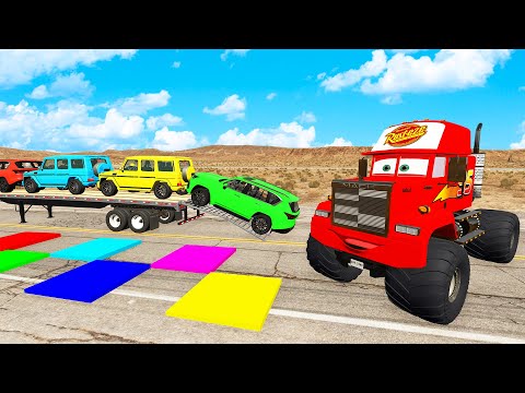 Triple Flatbed Trailer McQueen Transportation with Truck - Speedbumps vs Cars vs Train - BeamNG #17