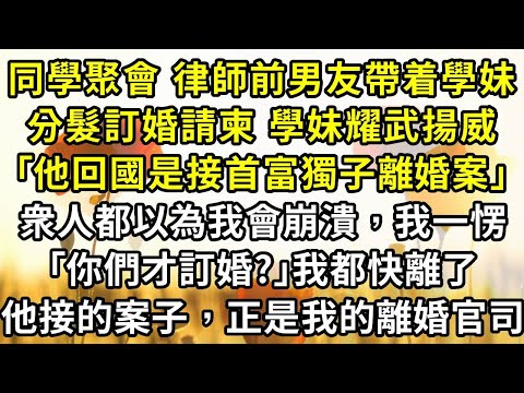 同學聚會上，律師前男友帶着學妹，分髮訂婚請柬，學妹對我耀武揚威：｢他回國是接首富獨子離婚案｣，衆人都以為我會崩潰。我一愣：｢你們才訂婚?｣，我都快離了。他接的案子，正是我的離婚官司