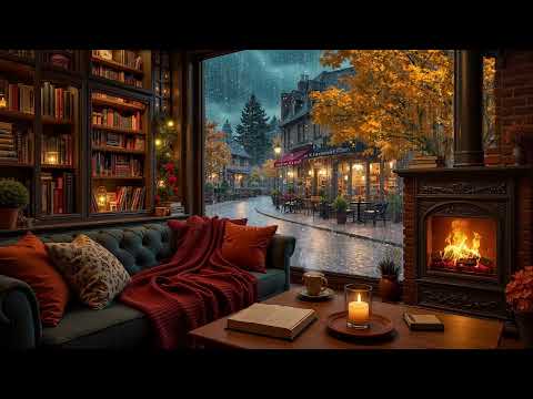 Relaxing Jazz Music 🍂 Gentle Rain & Cozy Coffee Shop Ambience with Fireplace Sounds for Study