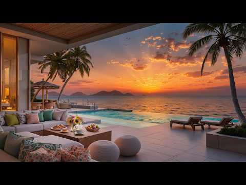 Soothing Jazz Music with Overlooking Sunset Sea Ambience | Ocean Breeze & Piano Jazz for Relax