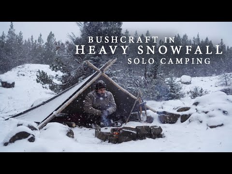 Heavy Snowfall Bushcraft Camping - Pole-frame Tarp Shelter, Goose Steaks, Solo Backcountry Overnight