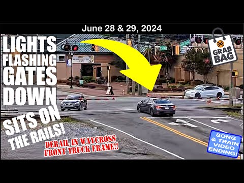 LIGHTS FLASHING, GATES DOWN AND THEY SIT ON THE RAILS! ENGINE FRONT TRUCK DERAIL, GODZILLA IN CLOUDS