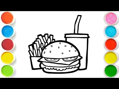 French Fries, Burger and Drink Drawing, Painting & Coloring For Kids and Toddlers_ Easy Art