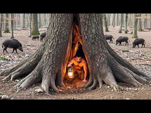 Man Builds a Hidden Shelter Inside a Hollow Tree | Bushcraft Survival @Marshallclassic​