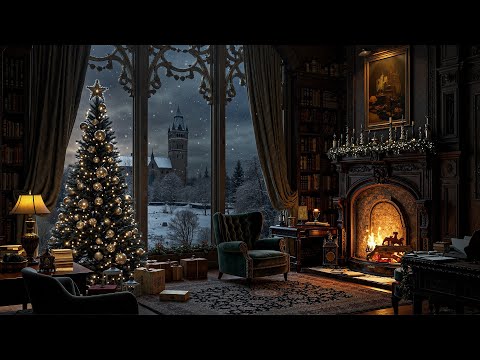 Snowy Christmas Night at Gothic Room | Cozy Fireplace and Dark Academia Piano For Relaxing