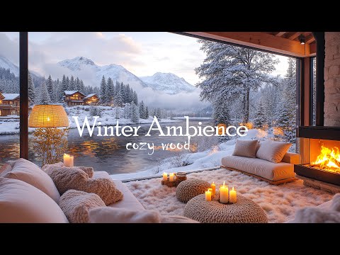 4K Sunrise By The Lake In Winter Ambience - Crackling Fireplace & Snowy Ambience for Relaxation