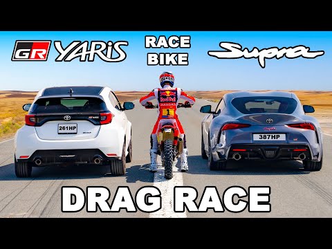 Rally Bike v Toyota Supra v GR Yaris: DRAG RACE